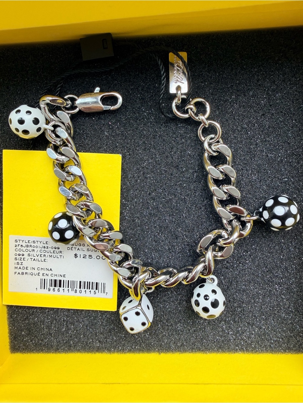 NWT Marc Jacobs Silver-Tone Charm Bracelet with Black & White Dice